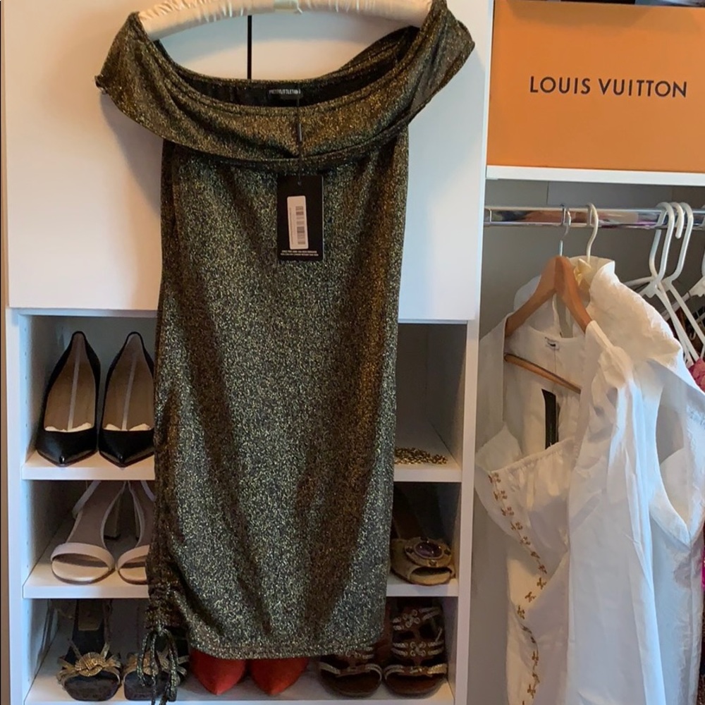 BRAND NEW PLT Gold Off the shoulder Ruched Dress